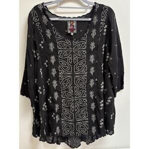 Johnny Was Ridden Blouse Women's XS Black White Embroidered Boho Tunic Top NWT